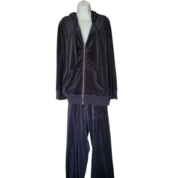 Merona Womens Track Suit 2pc Size 28W Black Velour Polyester Tie Pants Hood - Picture 1 of 16
